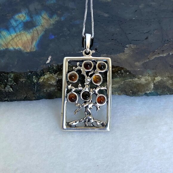 Sterling Silver 925 Multicolored Baltic Amber Tree Of Life Pendant Necklace 18" - Picture 5 of 16